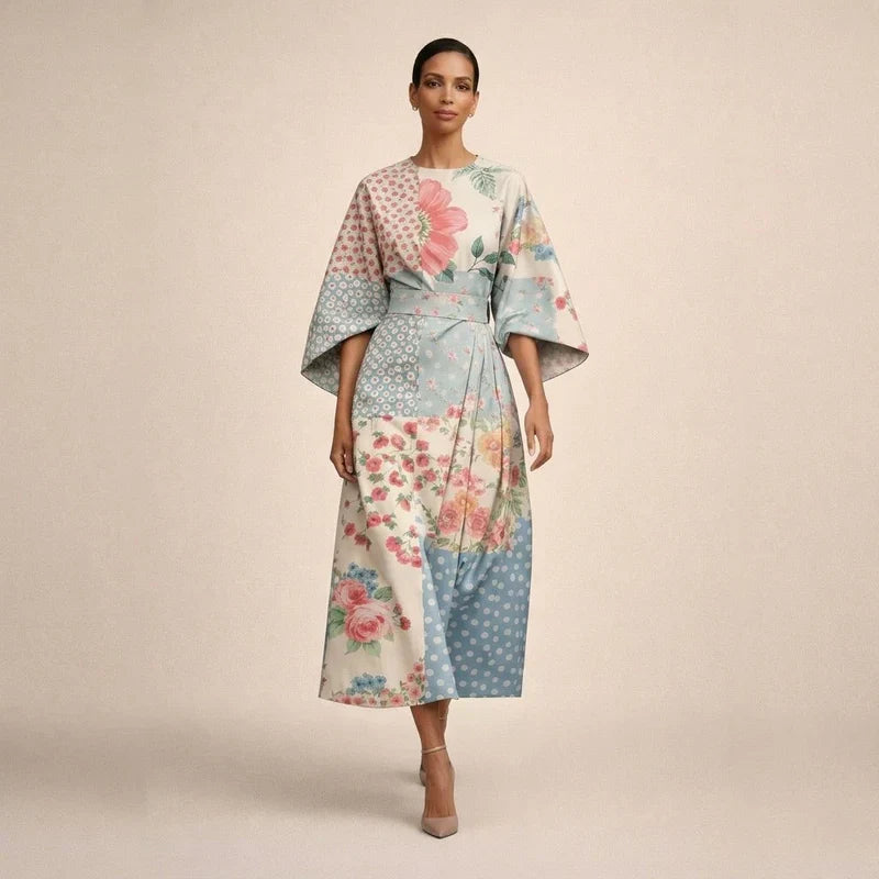 Clementine | Floral Midi Dress With A Sculpted Waist And Airy Elegance