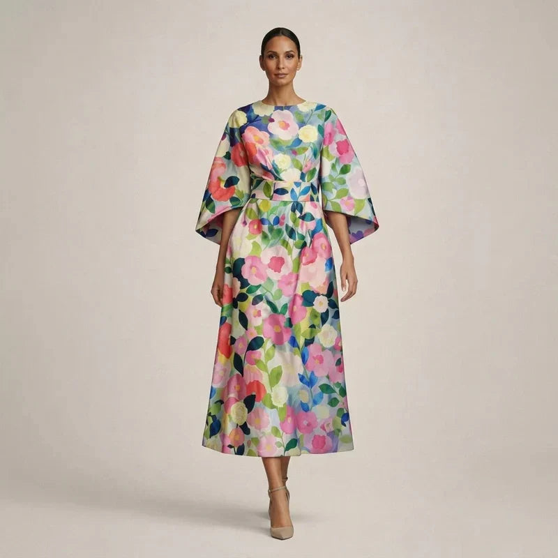 Clementine | Floral Midi Dress With A Sculpted Waist And Airy Elegance