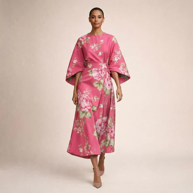 Clementine | Floral Midi Dress With A Sculpted Waist And Airy Elegance