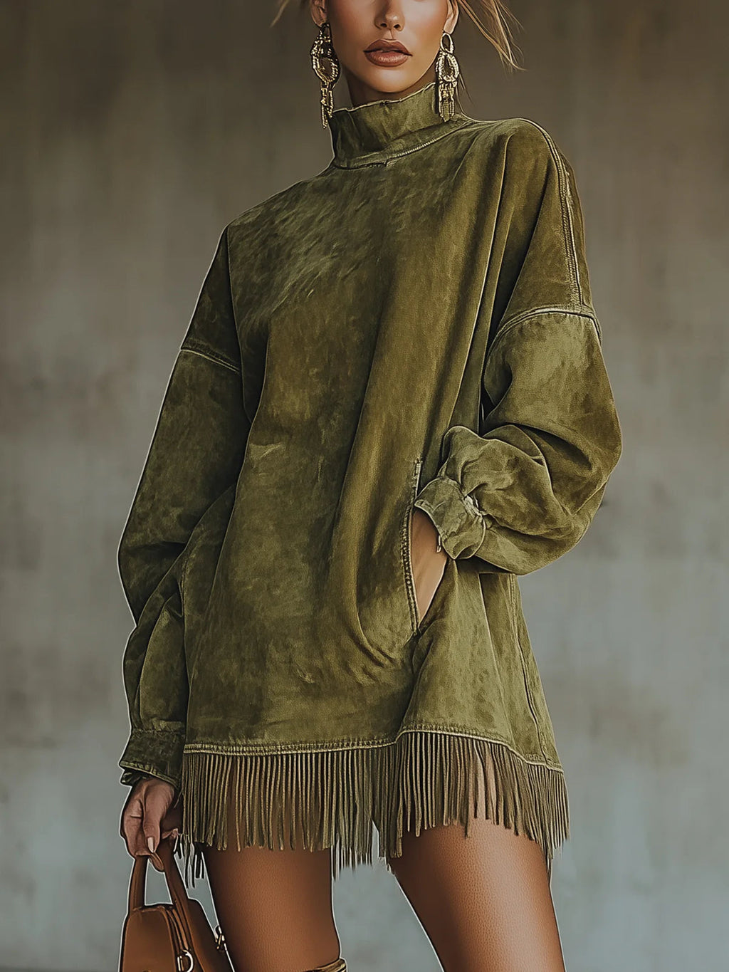 Lavinia Faux Suede Turtleneck Dress With Fringe Hem