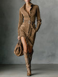 Marigold Suede Single Breasted Lapel Long Sleeve Midi Dress (Includes belt)