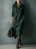 Isna Green Loose Suede Lapel Long Sleeve Midi Dress
