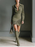 Morlenna Olive Green Faux Suede V-Neck Wrap Mini Dress