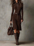 Roweno Brown Vintage Zipper Belted Midi Dress (Includes belt)